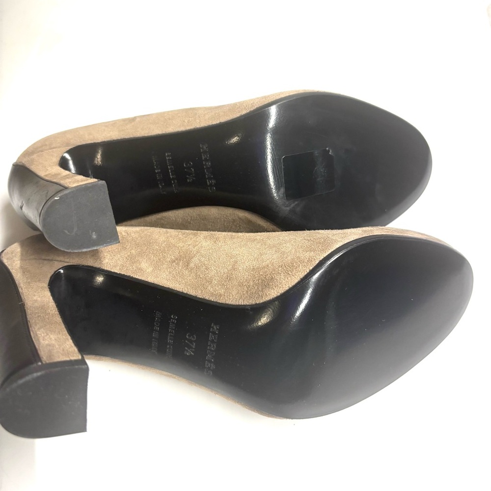 Vintage Hermes Paris Pumps Suede Taupe Heels with Black Leather Contrast - Picture 9 of 10